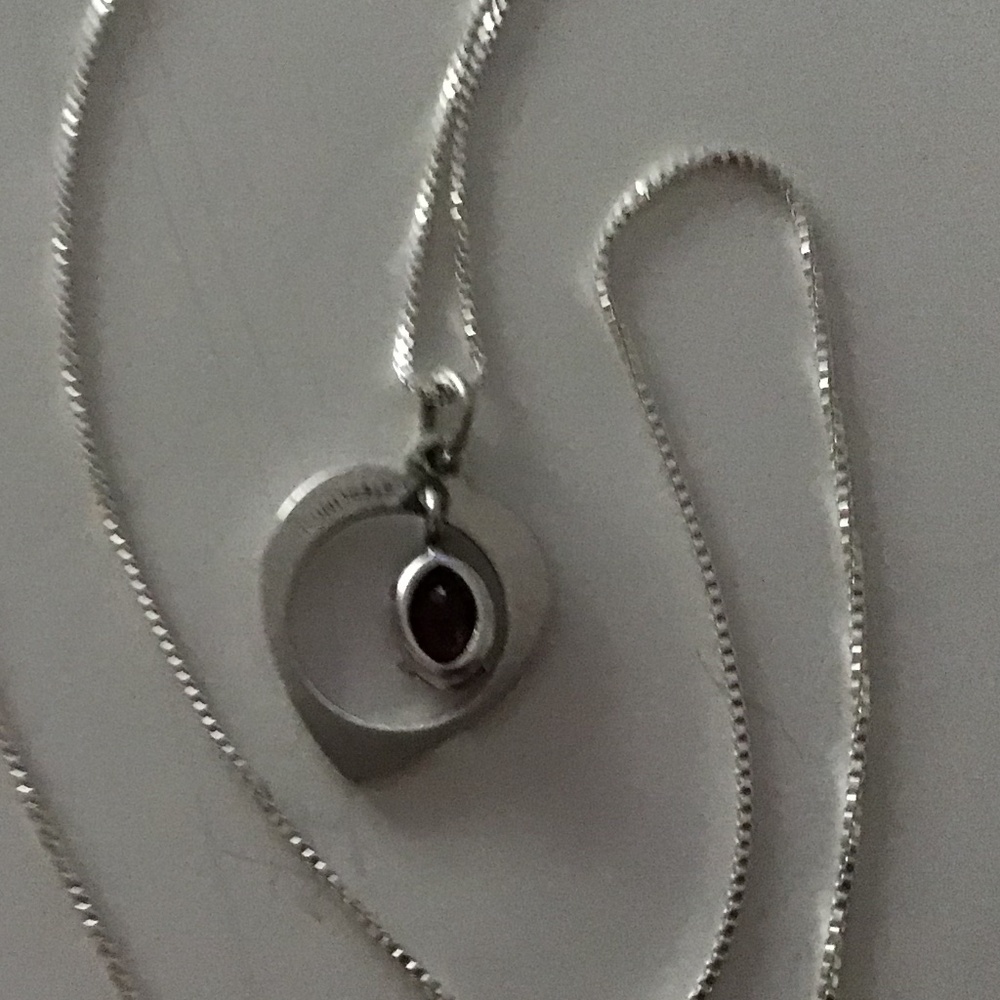 STERLING DANGLING GARNET OPEN HEART NECKLACE